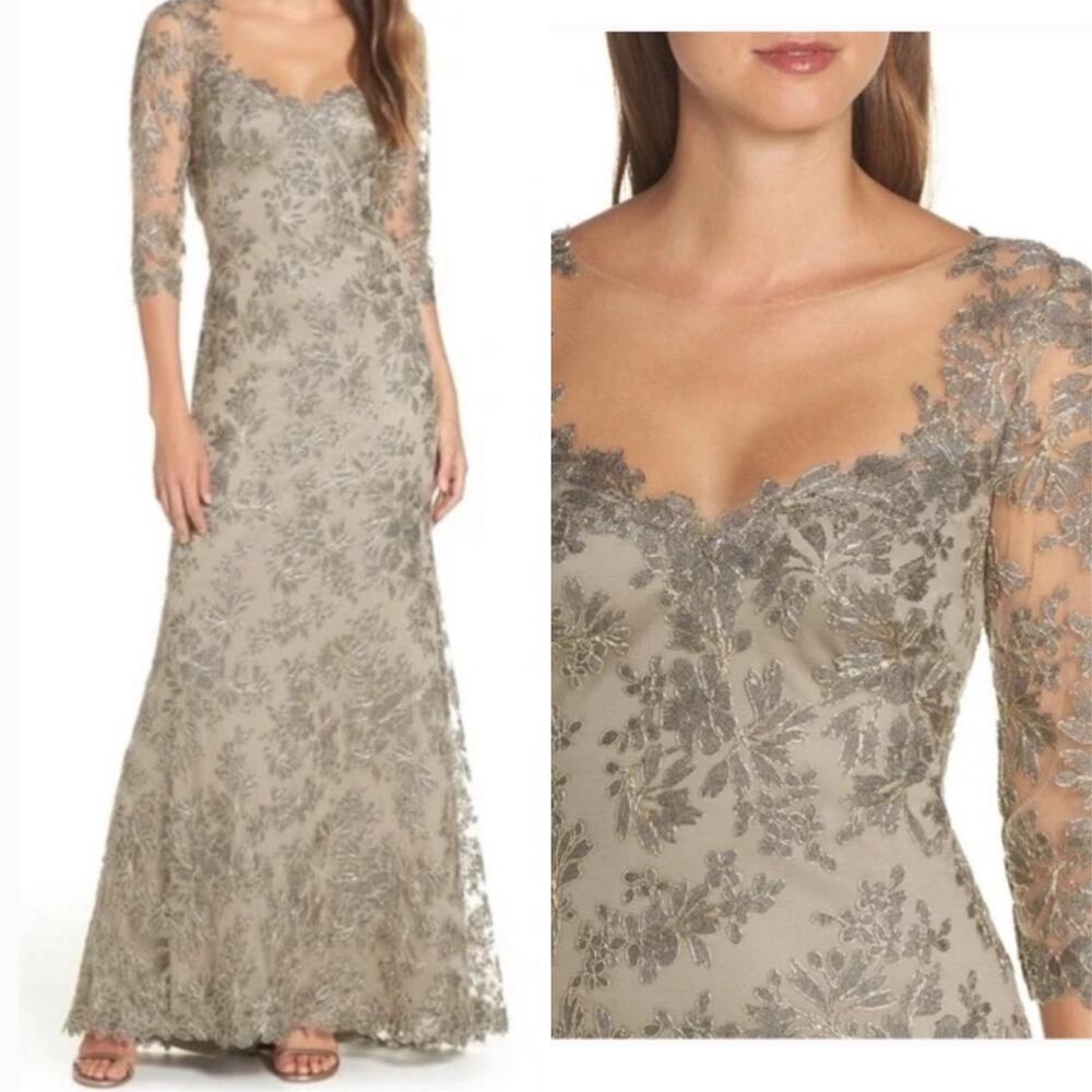 Tadashi Shoji Dress Nude Gray Gold Embroidered Floral Mother of Bride Long Maxi - Picture 2 of 15